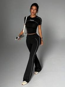 StreetHx Women's Black & White Tight-Fitting Round Neck Short Sleeve Sports T-Shirt, Flared Sports Pants, Women's Sports Suit Flared Leggings Set Active Two Pieces Set Sporty Two Pieces Set Curve Activewear Set Black And White Workout Set Flare Curve Athletic Wear Set Gym Pants And Top Set Women's Athletic Wear - Black and White - View 2