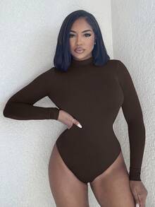 Alexandranx 女士性感镂空长袖紧身衣 - 咖啡棕 - 查看 5