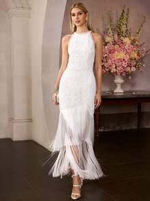 MOTF Soiréza ELEGANT HIGH-END BACKLESS CONTRAST LACE FRINGE HEM COCKTAIL DRESS, SPRING/SUMMER - White - View 7