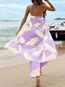 Breezaya Tropical Plant Print Halter Crop Top + Elastic Waist Straight Leg Pants 2 Pieces Set, Spring/Summer - Purple - View 2