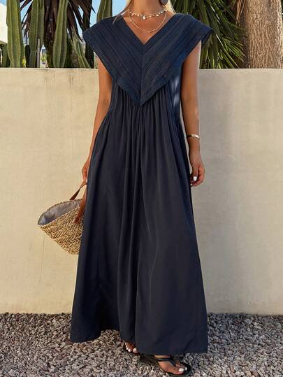 Livesso Lace Patchwork Solid Color Midi Dress For Women