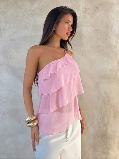 Aloruh Spring/Summer New Elegant Romantic Date Night Valentine's Day Wedding Season Pink Chiffon One-Shoulder Backless Layered Ruffle Blouse, Sexy Beach Ruffle Blouse, Wedding Outfit, Elegant Romantic Pink Shirt