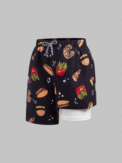 SHEIN 这款青少年男童泳裤休闲百搭，穿着舒适，印有汉堡、披萨和薯条图案。宽松的设计搭配贴身的梭织内衬和舒适的版型，使其适合海滩、游泳和冲浪等活动。是海滩度假和泳池派对的理想之选，也是春夏季节的完美伴侣。