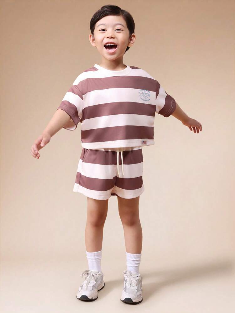 Boys Striped Short Sleeve T-Shirt And Shorts Two Piece Summer Casual Co-Ord Set With Chest Print