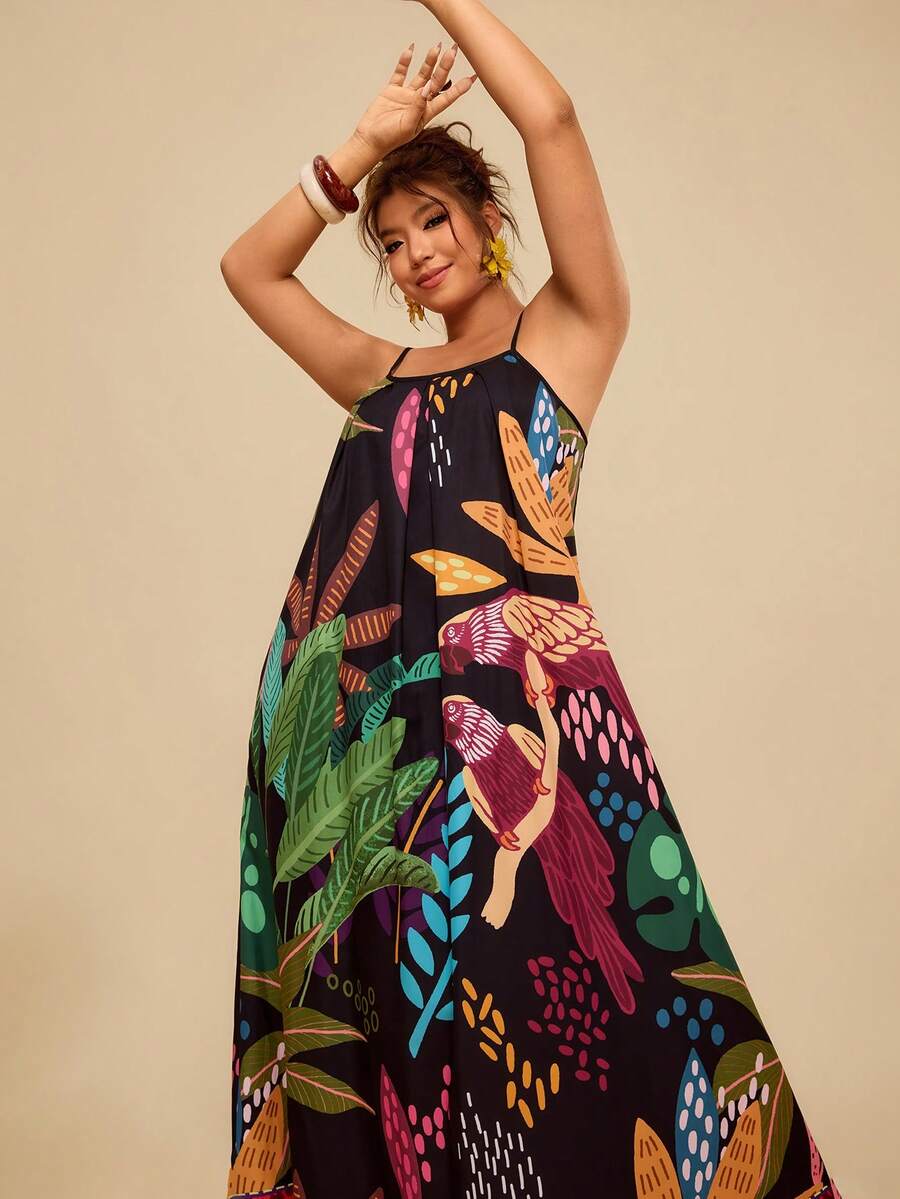 Travachic Plus Size Women's Summer Bohemian Print Sleeveless Dress,Casual Holiday Boho Beach Multicolor Sundresses,Plus Size Outfits For Women Summer - Multicolor - View 1