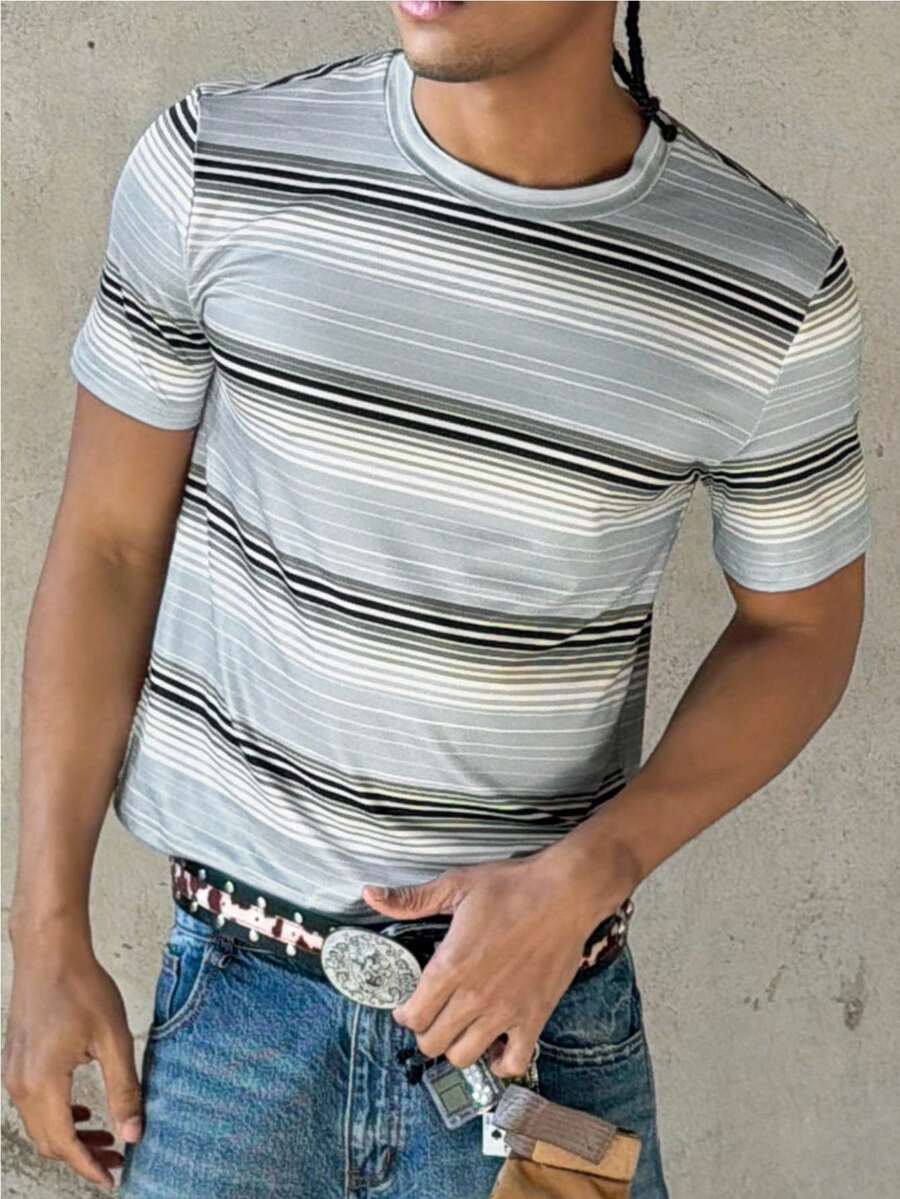 STEELVANCE Camiseta de cuello redondo de manga corta con estampado de rayas para hombre - Multicolor - Ver 1