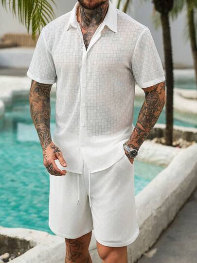 Manfinity Nomadique Men's Vacation Casual Solid Color Textured Shirt And Shorts Set,Men Old Money,Daily Leisure, Weekend Trips, Outdoor Activities, Travel Expeditions, Relaxed Work Environments Or Semi-Formal Occasions, Boyfriend/Husband Gift, Anniversary /Birthday Gift Party Summer Vacation Holiday,Wedding,Spring To Summer,Easter,Stylish Mens White Linen Blend Two Piece Set Short Sleeve Lapel Collar Shirt And Drawstring Waist Shorts For Vacation