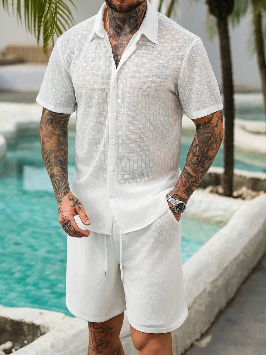 VENTUSAIL Men's Vacation Casual Solid Color Textured Shirt And Shorts Set,Men Old Money,Daily Leisure, Weekend Trips, Outdoor Activities, Travel Expeditions, Relaxed Work Environments Or Semi-Formal Occasions, Boyfriend/Husband Gift, Anniversary /Birthday Gift Party Summer Vacation Holiday,Wedding,Spring To Summer,Easter,Stylish Men's White Linen Blend Two Pieces Set Short Sleeve Lapel Collar Shirt And Drawstring Waist Shorts For Vacation - White - View 1