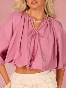 Athîral Women's Casual Vacation 7/8 Sleeve Woven Raglan Sleeve Pink Blouse, Spring/Summer - Pink - View 5