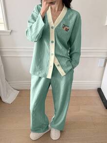 DAZY 2件套女士熊刺绣撞色滚边长裤长袖睡衣套装，秋冬季 - 綠色 - 查看 5