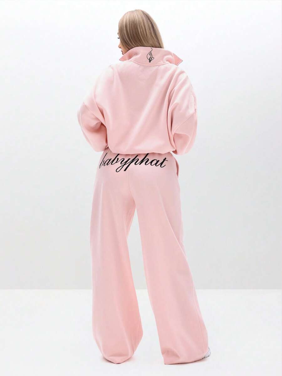 BABYPHAT Women's Plus Size Jersey Sweatpants With Script Print And Drawstring Waist For Casual Comfort - Pink - View 1