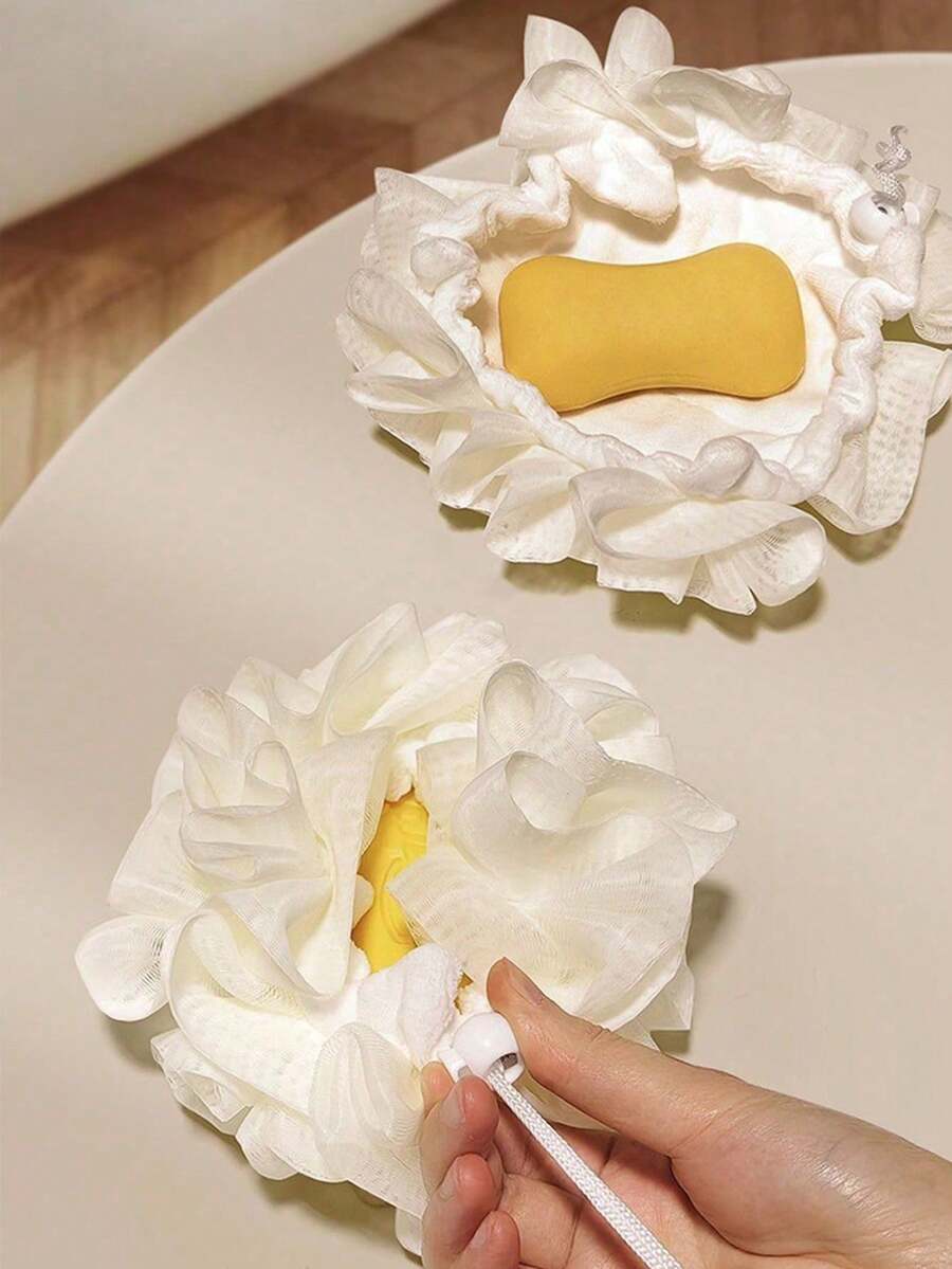 3/2/1件装二合一沐浴海绵丝瓜络带抽绳可固定香皂-去角质网状沐浴球男女通用沐浴球 - 彩色 - 查看 1