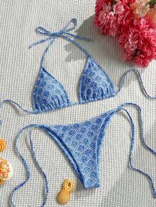 Swim Mod Women's Sexy Backless Knot Halter Printed Split Bikini Set, Beach Vacation Style - Blue - View 1