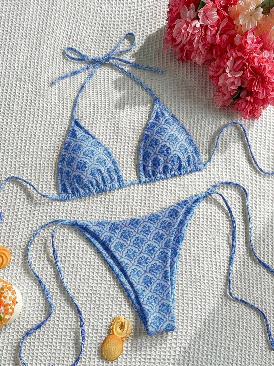 Swim Mod Women's Sexy Backless Knot Halter Printed Split Bikini Set, Beach Vacation Style - Blue - View 1