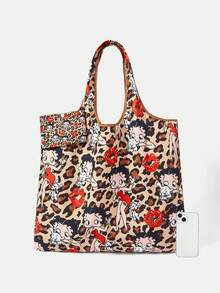 Betty Boop x SHEIN 1 pieza, bolsa de compras plegable con estampado de leopardo y labios rojos, bolsa de tela impermeable de gran capacidad. - Multicolor 3 - Ver 4