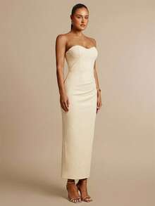 Silquee Đầm ôm sát gợi cảm màu trơn dành cho nữ, kiểu áo corset, không dây, dài đến bắp chân, thích hợp cho mùa thu. - Màu be - Xem 6