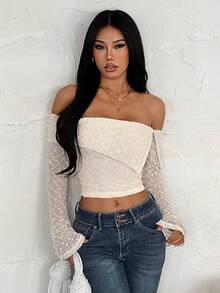 SHEIN PETITE Áo nữ thời trang thu đông, chất liệu vải có họa tiết, kiểu trễ vai, xếp ly, tay dài, màu trắng, trang phục ấm áp cho mùa thu đông. - Màu be - Xem 12