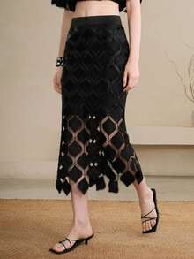 Arave 女士蕾丝高腰修身不对称下摆蕾丝半身裙，优雅约会之选 - 黑色 - 查看 3