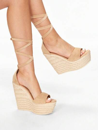 Glitzique 女士坡跟厚底防水复古编织拖鞋凉鞋，系带交叉带露趾休闲拖鞋，结饰，草绳坡跟高跟性感厚底鞋，适合海滩/派对