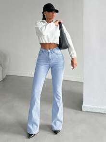 SHEIN Tall Women's Pocket Button Casual Versatile Daily Wear Flare Leg Jeans - Light Wash - View 5