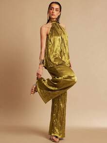 Silquee Bộ đồ hai mảnh mùa hè thời trang không tay, dáng rộng, thanh lịch, chất liệu satin xếp ly, cổ yếm. - Màu Mù tạt vàng - Xem 6