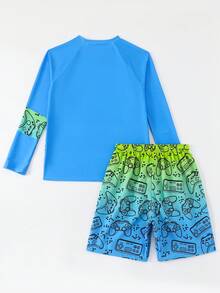 SHEIN 青少年男童泳装套装，电子游戏印花长袖上衣+弹力短裤，适合海滩、泳池、度假、暑假、派对等场合。 - 彩色 - 查看 2