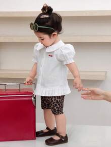 DAZY Top a maniche corte con colletto arricciato a tinta unita per bambine, stile coreano estivo per bambini piccoli - Bianco - Visualizzare 2