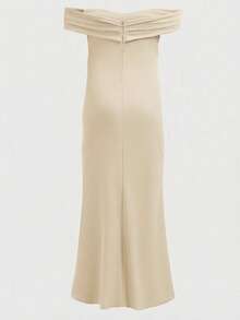 Girlism 少女纯色露肩荷叶边开衩时尚派对连衣裙 - 杏色 - 查看 3