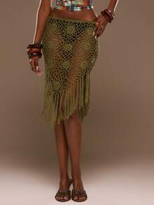 MUSERA Mid Rise Crochet Knit Fringed Dripped Hem Midi Skirt Cover Up Spring Summer Vacation Beach Elegant Ibiza Festival Holiday Tajine - Army Green - View 1