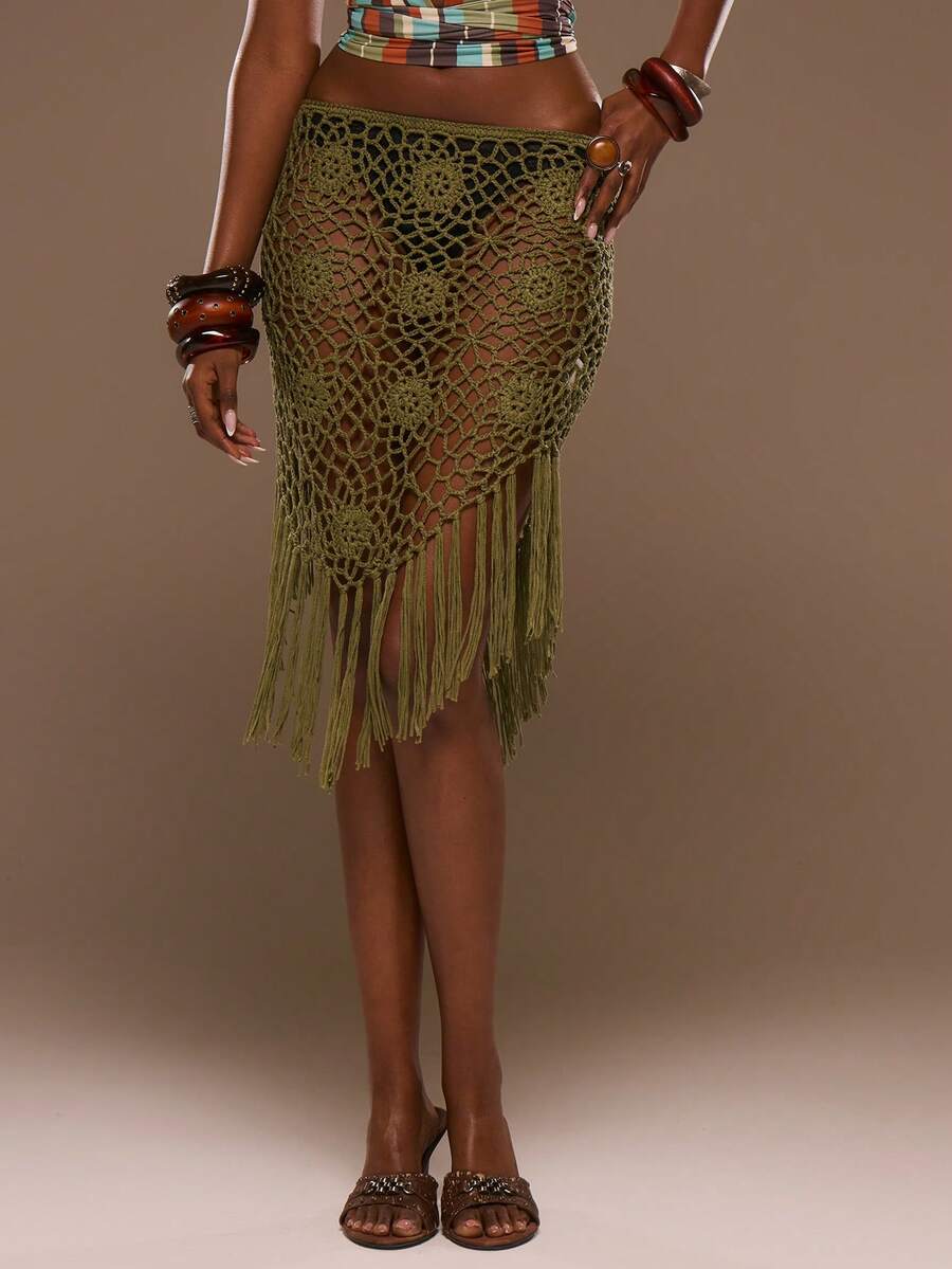 MUSERA Mid Rise Crochet Knit Fringed Dripped Hem Midi Skirt Cover Up Spring Summer Vacation Beach Elegant Ibiza Festival Holiday Tajine - Army Green - View 1
