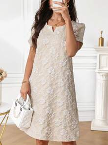 Miaspire Women's Summer Dress With Notched V-Neck And Short Sleeves - Khaki - View 1