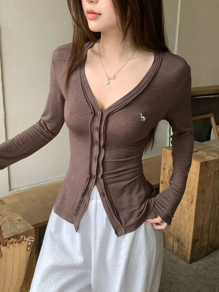 Women's Early Spring Long Sleeve Soft T-Shirt, Solid Color Minimalist Single-Breasted Knit Cardigan T-Shirt Summer