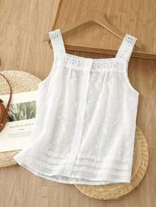 Rusticease Blusa casual sin mangas con cuello cuadrado de encaje y parches de unicolor para mujer - Blanco - Ver 2
