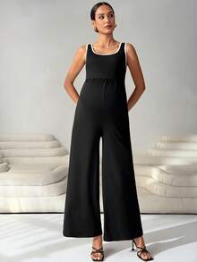 MaterniWear Pregnant Women's Summer Casual Commuting Contrast Binding Wide Leg Jumpsuit Without Belt - Black and White - View 3