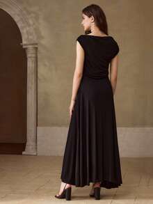 MOTF PREMIUM SPRING/SUMMER NEW HOLLOW EMBROIDERED FLORAL RUCHED ASYMMETRIC SHOULDER KNIT MIDI DRESS FOR WOMEN - Black - View 3