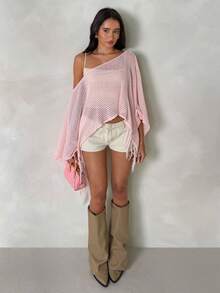 SHEIN Spring/Summer Off Shoulder Pink Ladies Sweater Elegant Hollow-Out Ladies Sweater - Pink - View 6