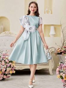 SHEIN Teen Girls' Elegant Floral Print Patchwork Summer Midi Dress Aqua Floral Print Dress - Green - View 6