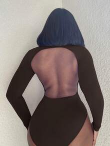 Alexandranx 女士性感镂空长袖紧身衣 - 咖啡棕 - 查看 2