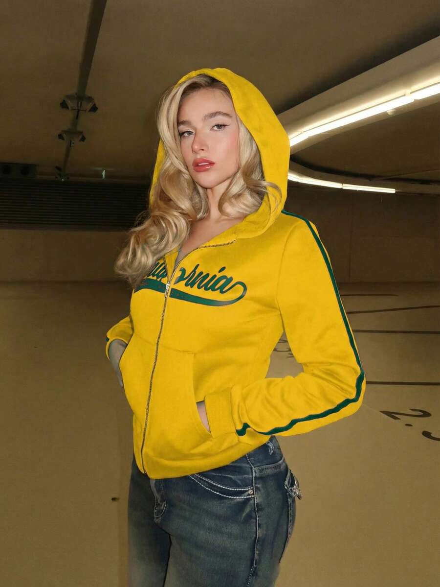 Turnttoni 复古美式拉链连帽修身女式秋季运动衫 - 黃色 - 查看 1