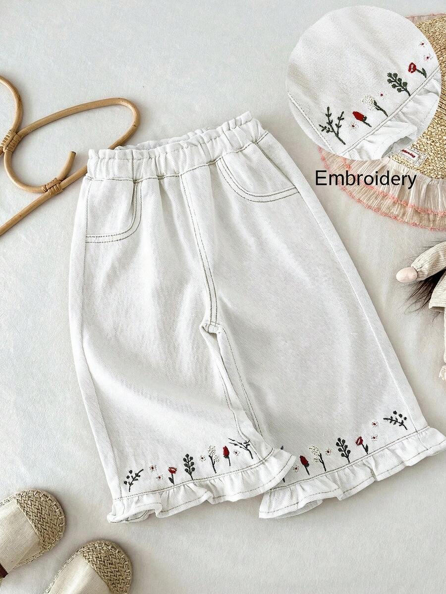 LMoss Kids 女婴花卉刺绣宽松卡其色牛仔裤 - 白色 - 查看 1