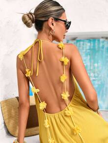 Vivid Eden 女士优雅性感3D立体花卉露背系带连衣裙，适合度假休闲穿着 - 黃色 - 查看 15
