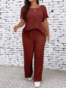 EMERY ROSE Women's Round Neck Striped Short Sleeve Top And Wide Leg Pants Casual 2 Pieces Set - Burgundy - View 6