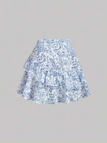 SHEIN MOD Chân váy thời trang nữ in hoa, phối họa tiết, xếp ly, viền bèo - Xanh và trắng - Xem 3
