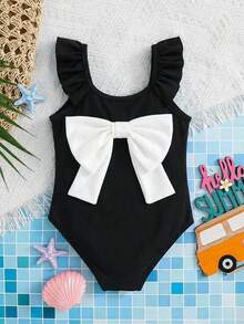 Emery Rose Kids Emery Rose Kids Young Girls Ruffled Bowknot One-Piece Swimsuit, Matching Sister Set Little Girl Swimwear Girls Bows Swim - Black and White - View 6