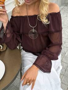 DAZY Summer Vacation Outfit Pink Lace Patchwork Off-Shoulder Loose Blouse For Women - Brown - View 6