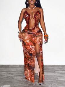 Glyssa 女士夏季新款性感透视沙滩度假连衣裙，网纱豹纹荷叶边下摆，吊带修身高开衩连衣裙 - 紅色 - 查看 4