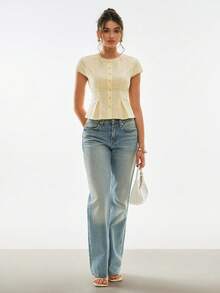 Poéselle 女士100%纯棉短袖荷叶边上衣，浅黄色夏季优雅茶会复古纽扣前襟蕾丝饰边腰部上衣田园风时尚衬衫 - 黃色 - 查看 4