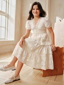 Anewsta 女童V领米色荷叶边蕾丝A字连衣裙，春夏款 - 米色 - 查看 5