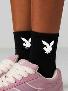 Missguided x Playboy 女士兔子标志船袜，黑色，趣味卡通印花，中筒袜，休闲日常穿着 - 黑色 - 查看 2