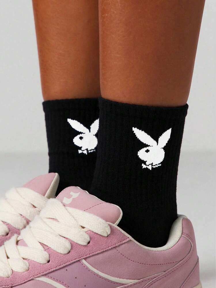 Missguided x Playboy Women Bunny Logo Crew Socks Black Novelty Character Print Mid Calf Casual Daily Wear